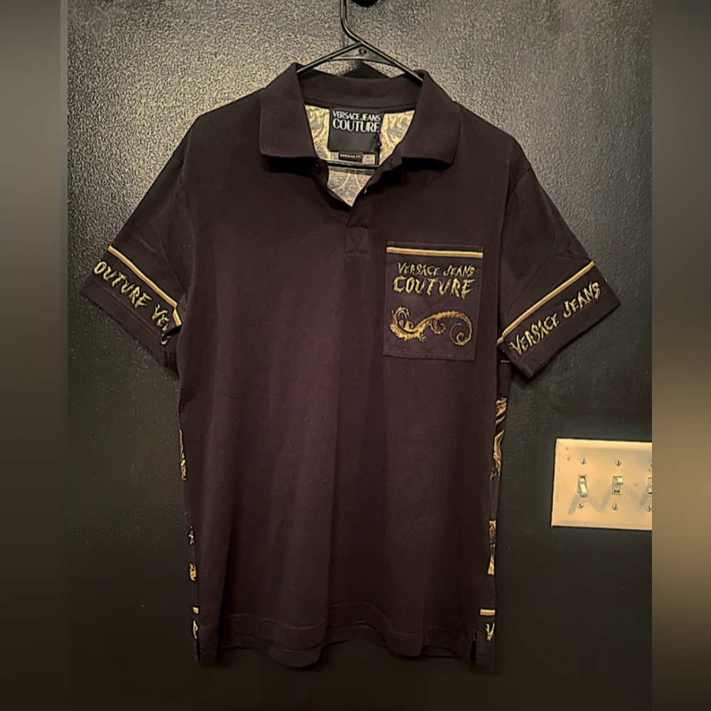 Versace Black Polo Shirt with Decorative Trim